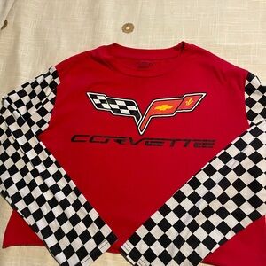 Chemistry Red Crop Top with Black & White Checkered Sleeves